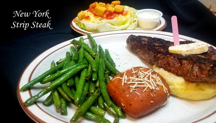 New York Strip Steak on Restaurant Menu at Three Sisters Tavern and Grill