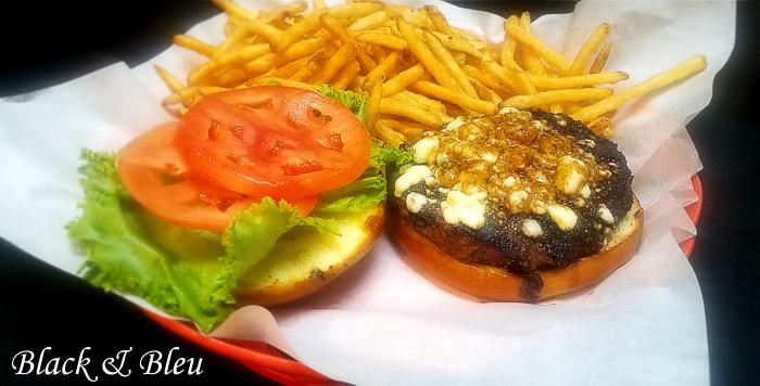 Black & Bleu Burger on Restaurant Menu at Three Sisters Tavern and Grill
